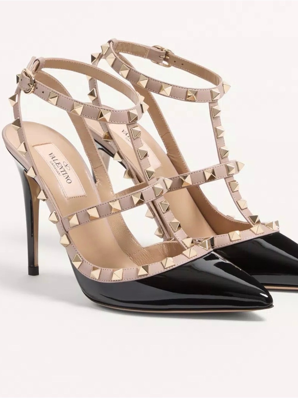 Valentino Black Patent and Nude Rockstud T-Strap Pumps